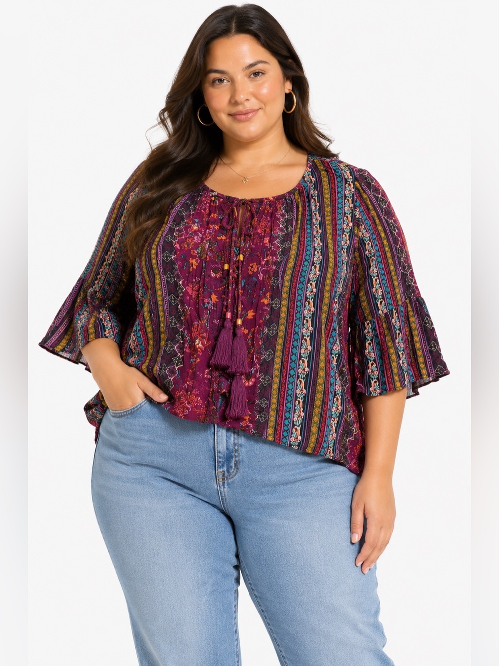 Y2K does 70s Paisley Abstract Mixed Boho Print Tie Front Top (Multicolor)Size 2X